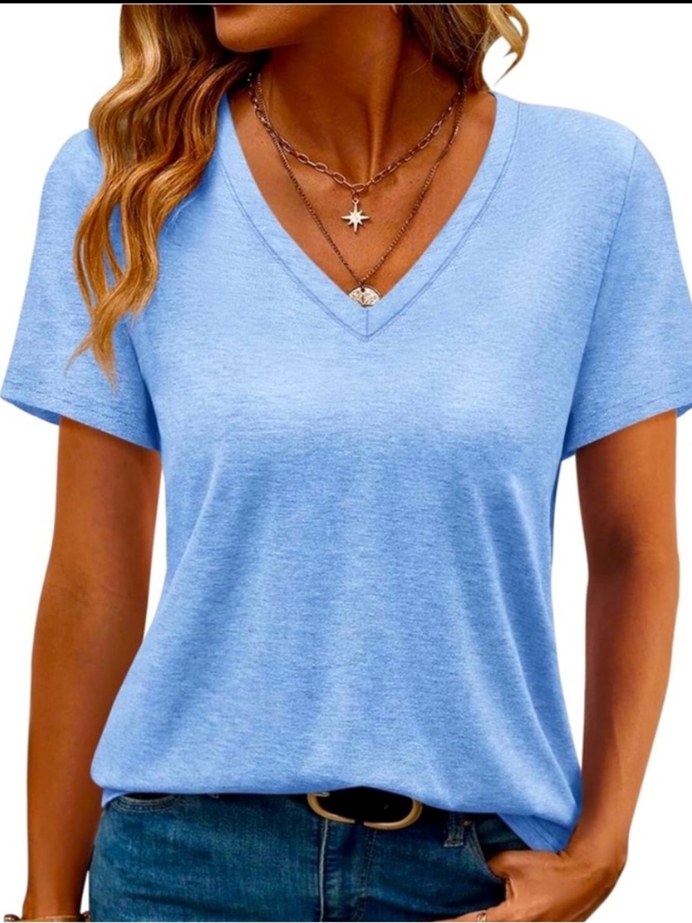 Casual V-Neck Short Sleeve Tee - Light Blue size large
